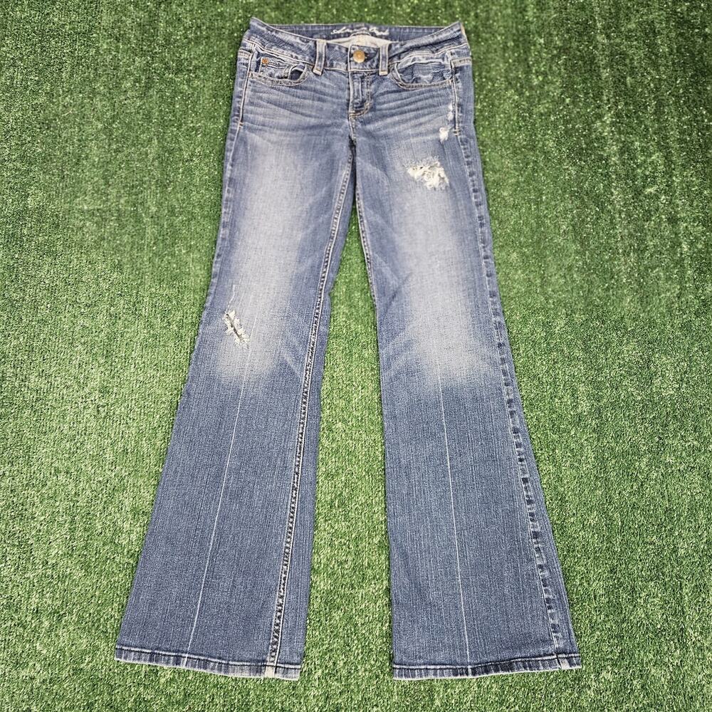 American Eagle AE Hipster Jeans Women 2 Reg Blue Distressed Low Rise Flare EUC